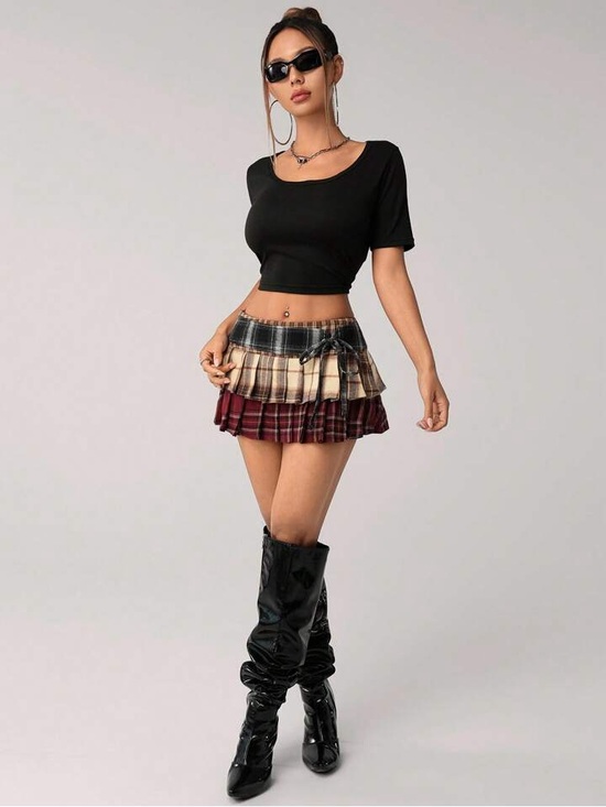 Tiered Plaid Mini Skirt in Burgundy, Cream & Black - Picture 5 of 6